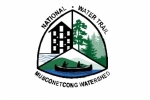 National water trail logo with building, trees and canoe